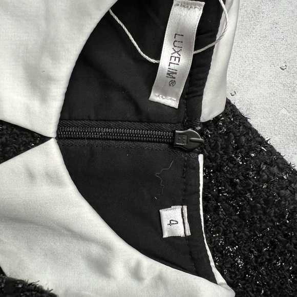 Luxelim sz 4 Lucy Dress & matching bow black Tweed white pearl trim - Picture 10 of 10